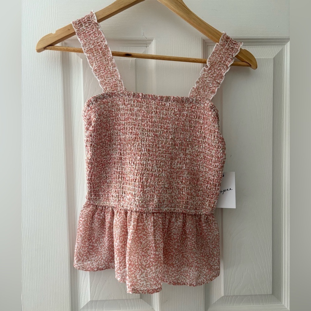 Japna NWT rouched sheer ruffle hem tank top size small pink babydoll
